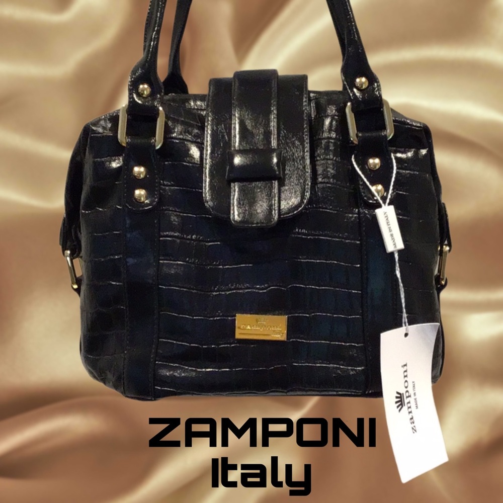 NEW ZAMPONI Moda Bucket Bag Secchiello Made in Italy, Black Croc Pattern - Picture 1 of 14